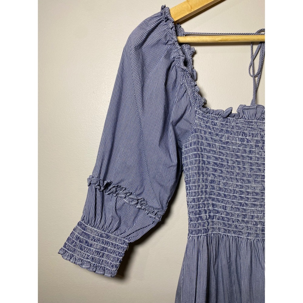 Hill House Nesli Nap Dress Blue Micro Gingham Smocked Tiered Midi Dress Sz SMALL - Picture 4 of 8